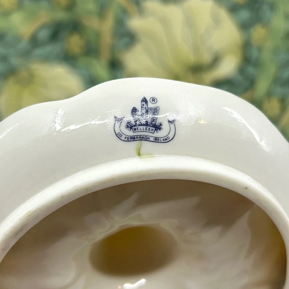 Belleek Ireland Porcelain Clover Ring Dish Green Creme Fine Porcelain Gift